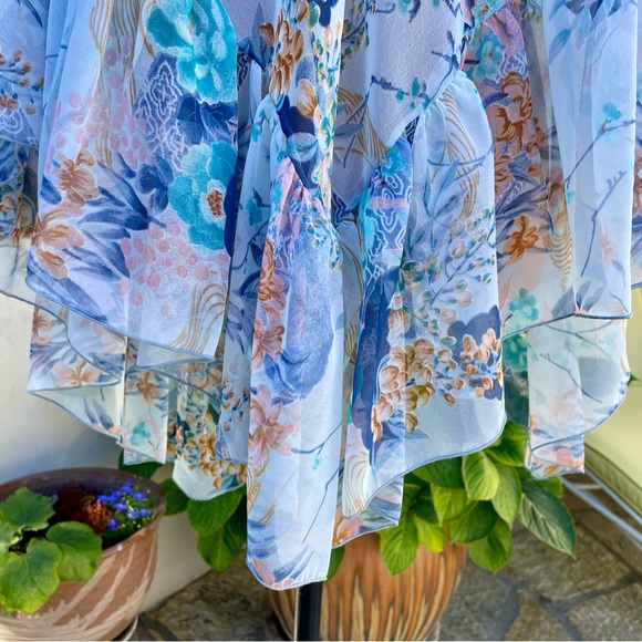 Floral Botanical Chiffon Shawl Wrap Ruffled Edge Sheer Blue/Pink/Copper - Picture 8 of 14
